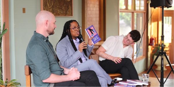 Editors John Marnell and B Camminga in conversation with Letlhogonolo Mokgoroane, co-founder and co-host of a literary podcast ‘The Cheeky Natives’